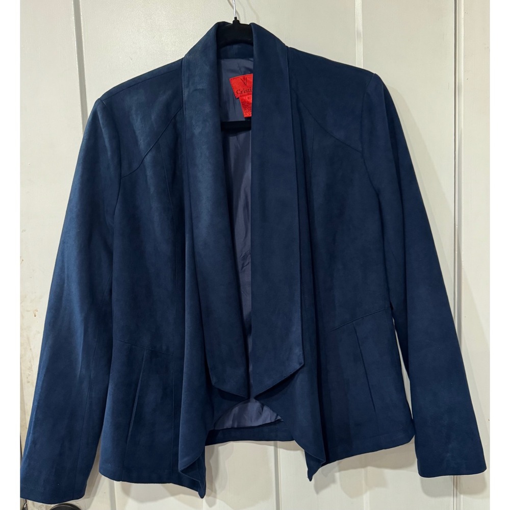 V Cristina Womens Navy Blue Faux Suede Draped Shawl Collar Open Blazer Size M